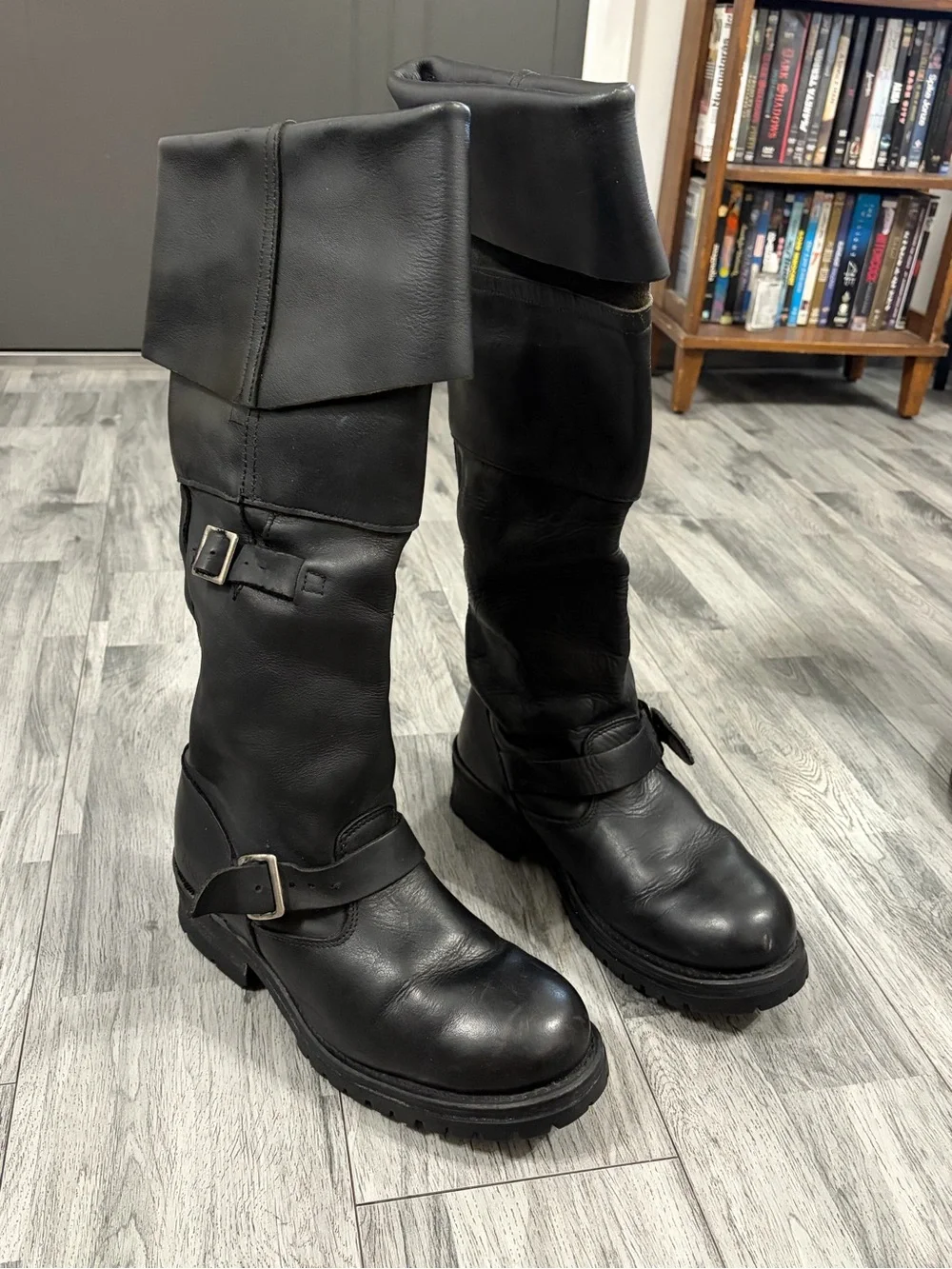ANSA Black Leather Mid-Calf Fold Over Engineer  Boots Sz 10